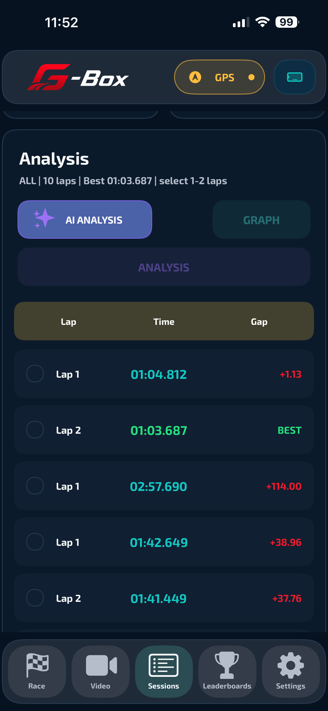 G-Box AI lap ranking screen with selectable laps