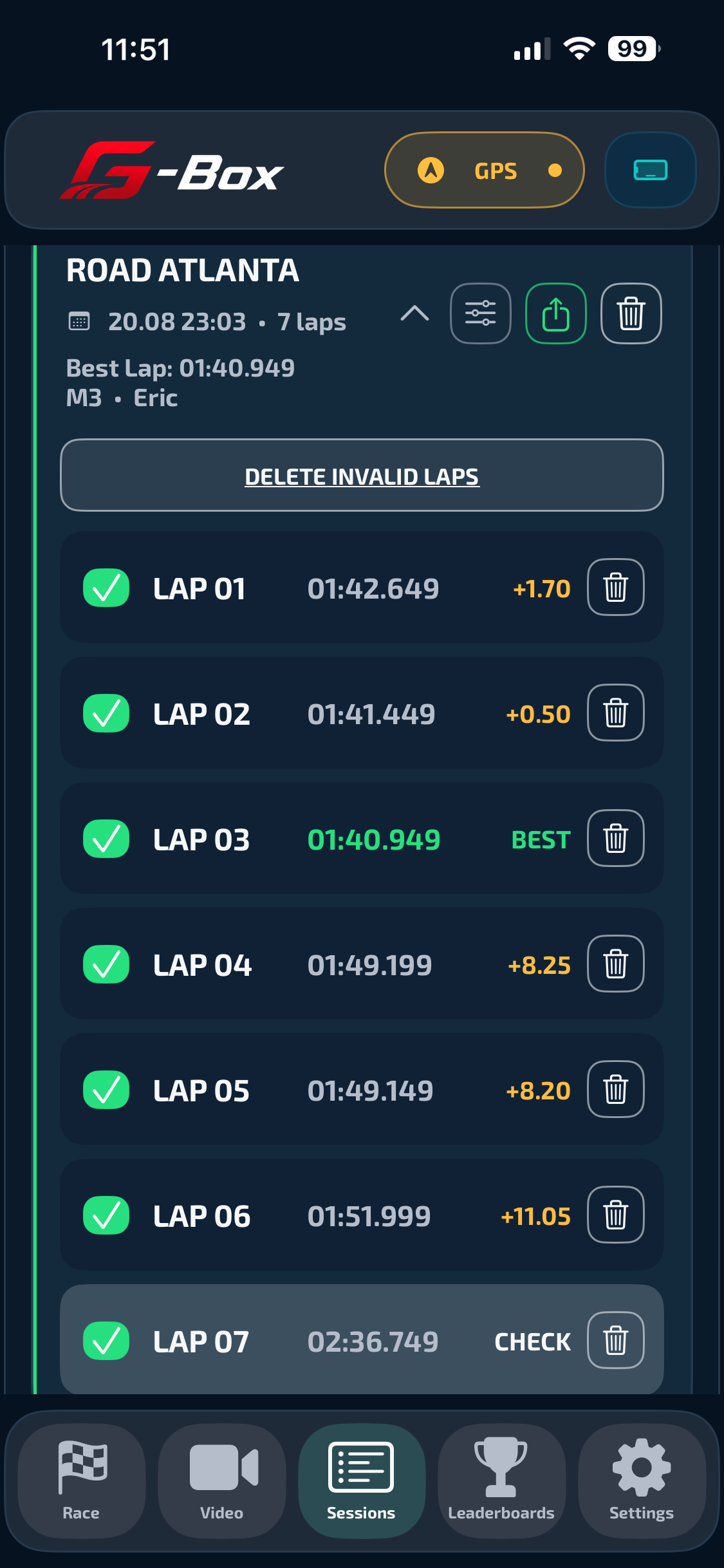 G-Box lap cleanup screen with valid laps and best lap markers