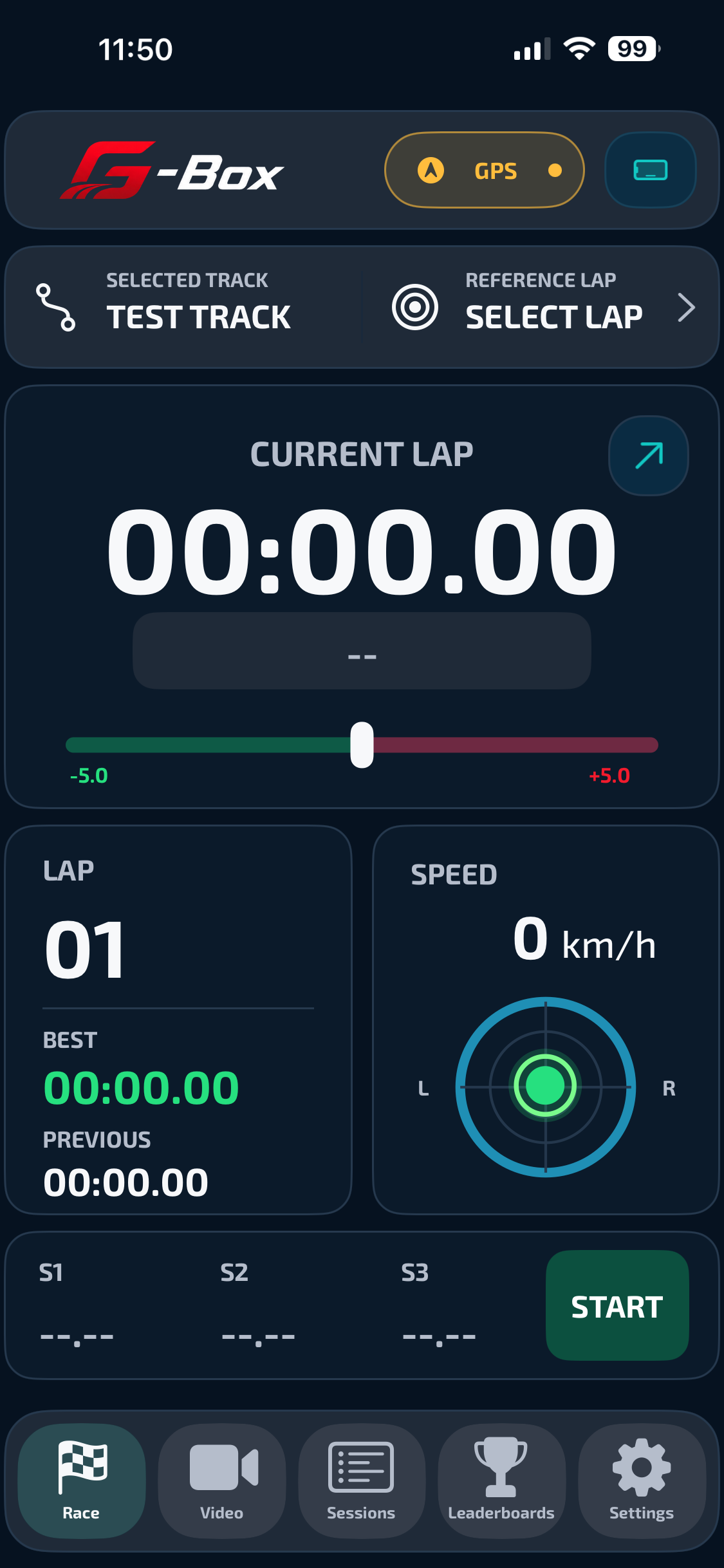 G-Box race dashboard with current lap, delta, speed, and G-force
