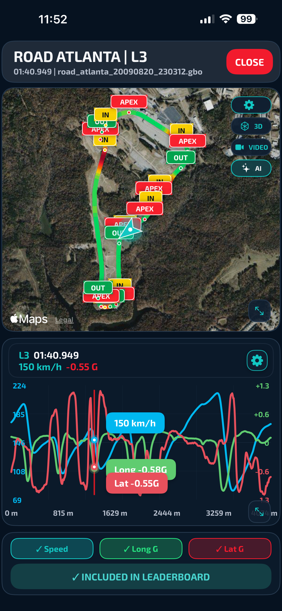 G-Box 2D telemetry map with speed and G-force graphs