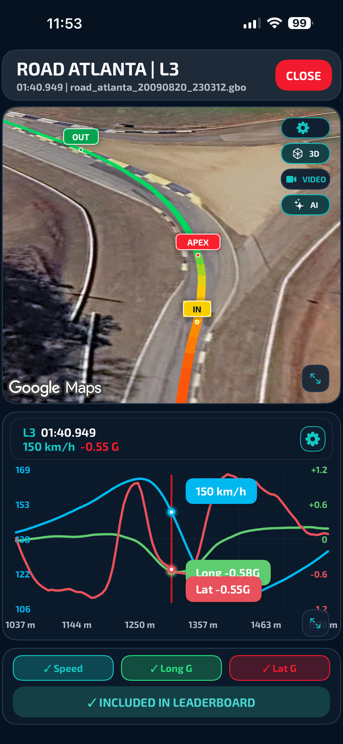 G-Box 3D corner view with synchronized telemetry graph