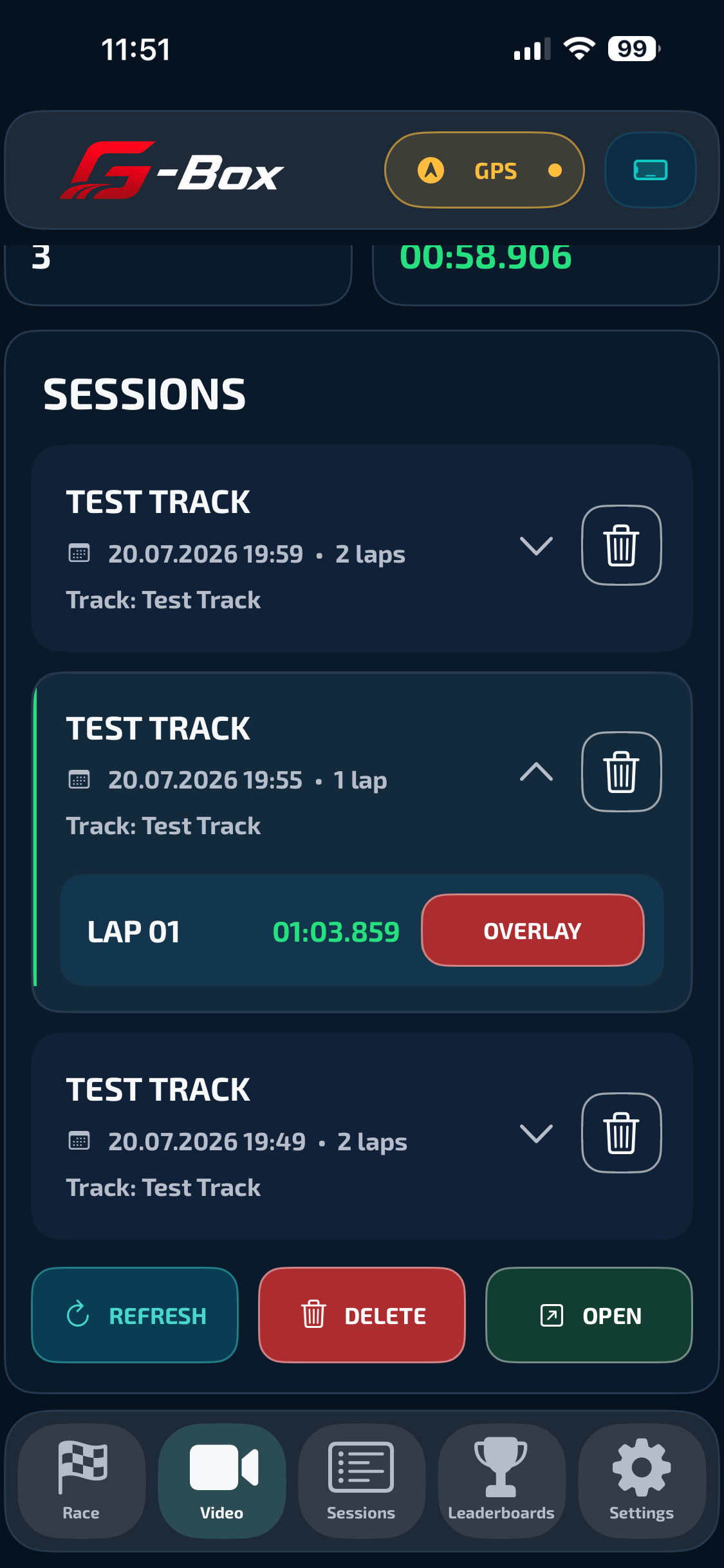 G-Box video sessions screen with overlay actions